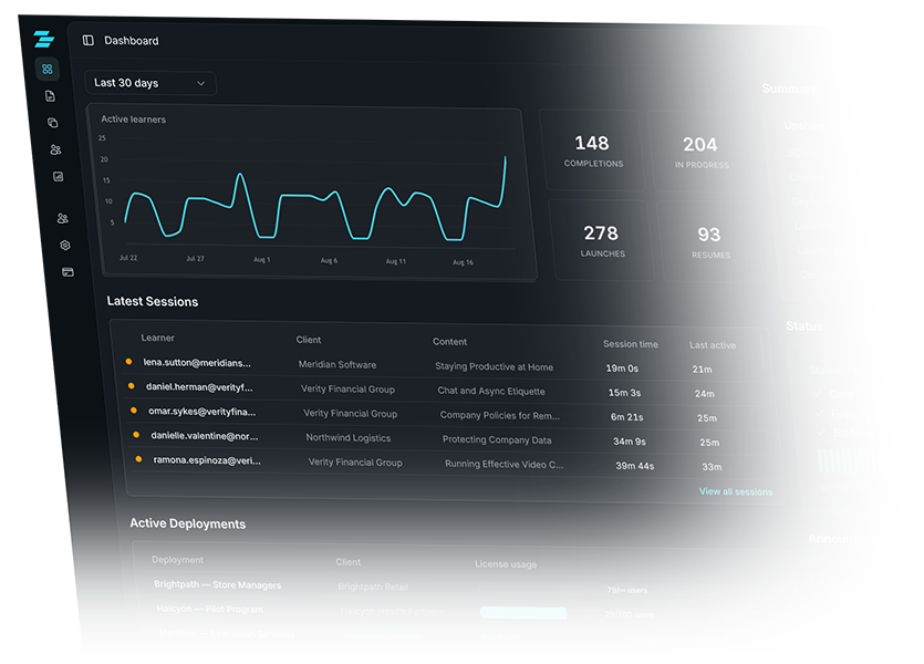 Scoblade dashboard showing learner activity, recent sessions and deployment metrics