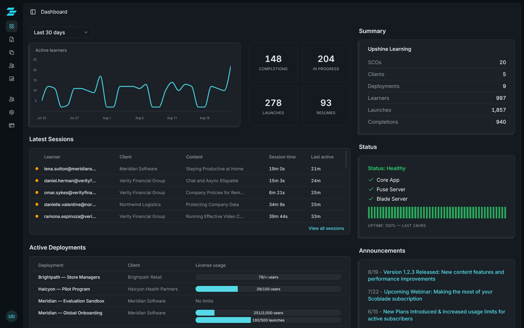 Scoblade dashboard showing client management